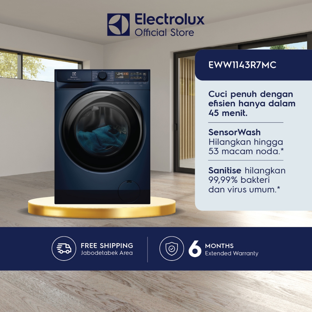 Electrolux Mesin Cuci Pengering Front Loading 11/7kg - Inverter - Menghilangkan 53 Noda - IntelliQuick - Menghilangkan Alergi & Bakteri 99,99% - Dryer - Garansi  10 Tahun Motor - EWW1143R7MC