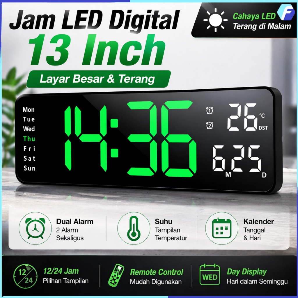 Jual [COD ] Jam Digital LED Layar Besar 13 Inch Jam Dinding Nordik ...