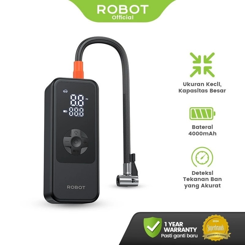 ROBOT Pompa Ban Mini portabel Kendaraan Mobil/Truk/Motor/Bola Mini 4000mAh LED Display Deteksi Akurat RIP01 Original - Garansi 1