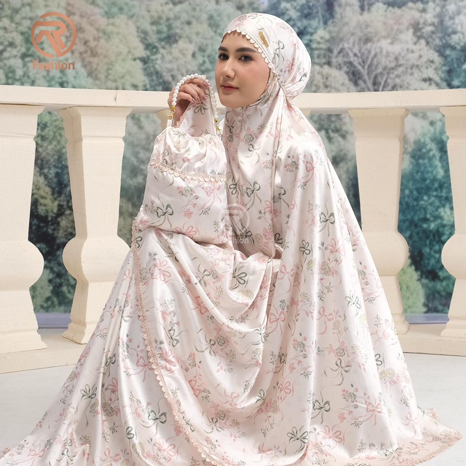 Ra Fashion - Mukena Aurora Coquette Ribbon Pita 2in1 viscose Jacquard Silk Armany Jacquard Dewasa Jumbo Renda Cantik Panjang Mewah Treveling
