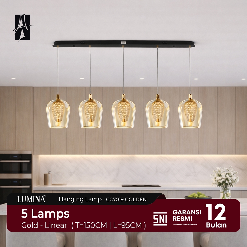 Lumina Lampu Gantung Linear 5 Lampu Golden Hanging Lamp Minimalis Modern E27 Pendant Lamp Meja Makan Kitchen Set Cafe Interior Elegan - Type CC7016 / CC7017 / CC7018 / CC7019 / CC7020 / CC7021 / CC7022 / CC7023 / CC7024 / CC7025 / CC7026 / CC7027