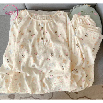 QHST Piyama Set Wanita Satin Polka Rainbow Titik Lengan Panjang Celana Panjang Baju Tidur