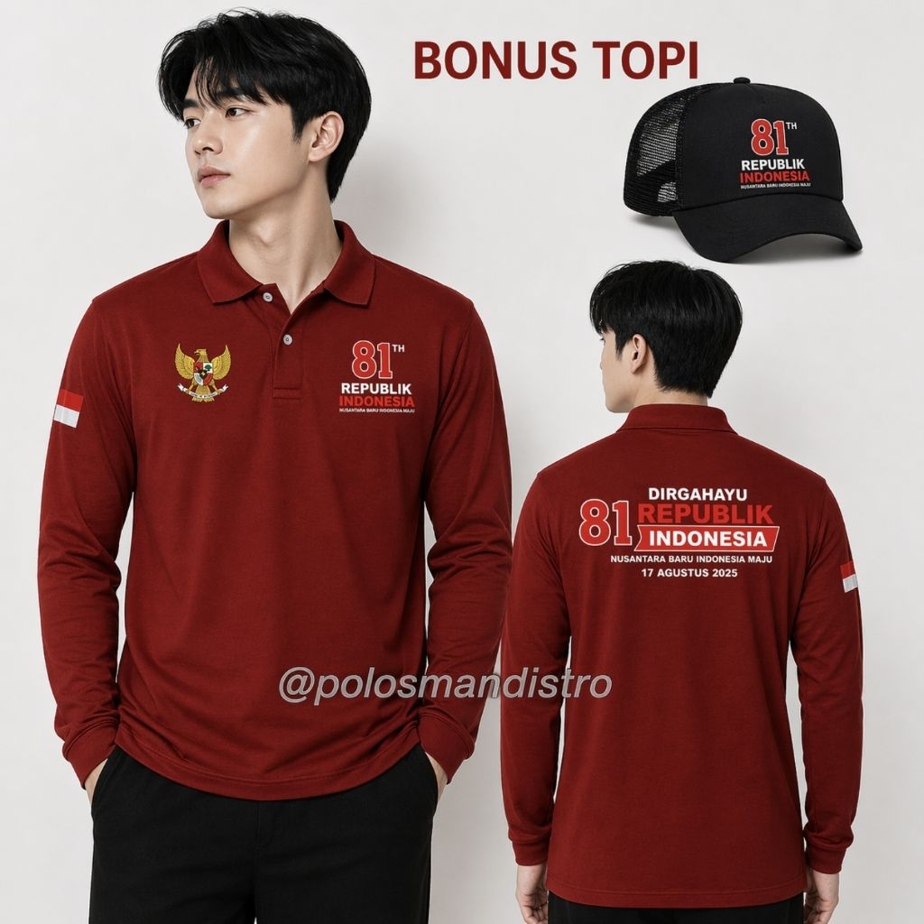 BONUS TOPI !! BAJU KAOS POLO SHIRT PRIA KERAH 17 AGUSTUS 2026 yang ke 81 th  DIRRGAHAYU REPUBLIK INDONESIA kemerdekaan indonesia hut ri LENGAN PANJANG sablon Merah Logo Atasan Distro Custom Casual