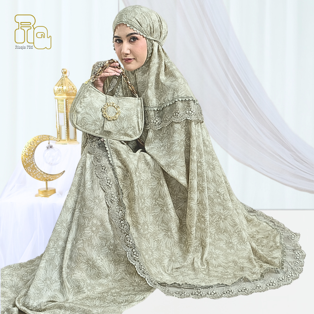 RIZQIA 786 - Mukena Dewasa Putri Salju Renda Kalung Mewah Santorini Silk 2in1 Ceisya Series
