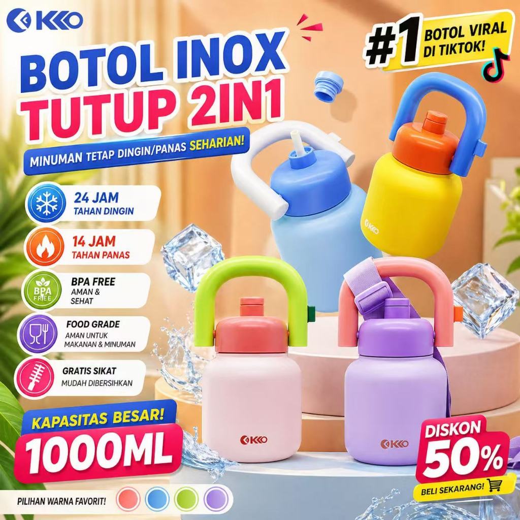 Jual KKO Tumbler Stainless 2in1 Botol Minum 1000ml Tahan Dingin 24 Jam ...