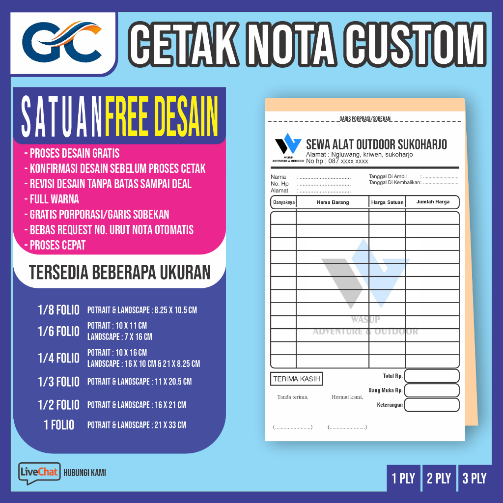 Jual TANPA MINIMAL ORDER NOTA CUSTOM HVS NCR Full 1 Folio, 1/2, 1/3, 1/ ...