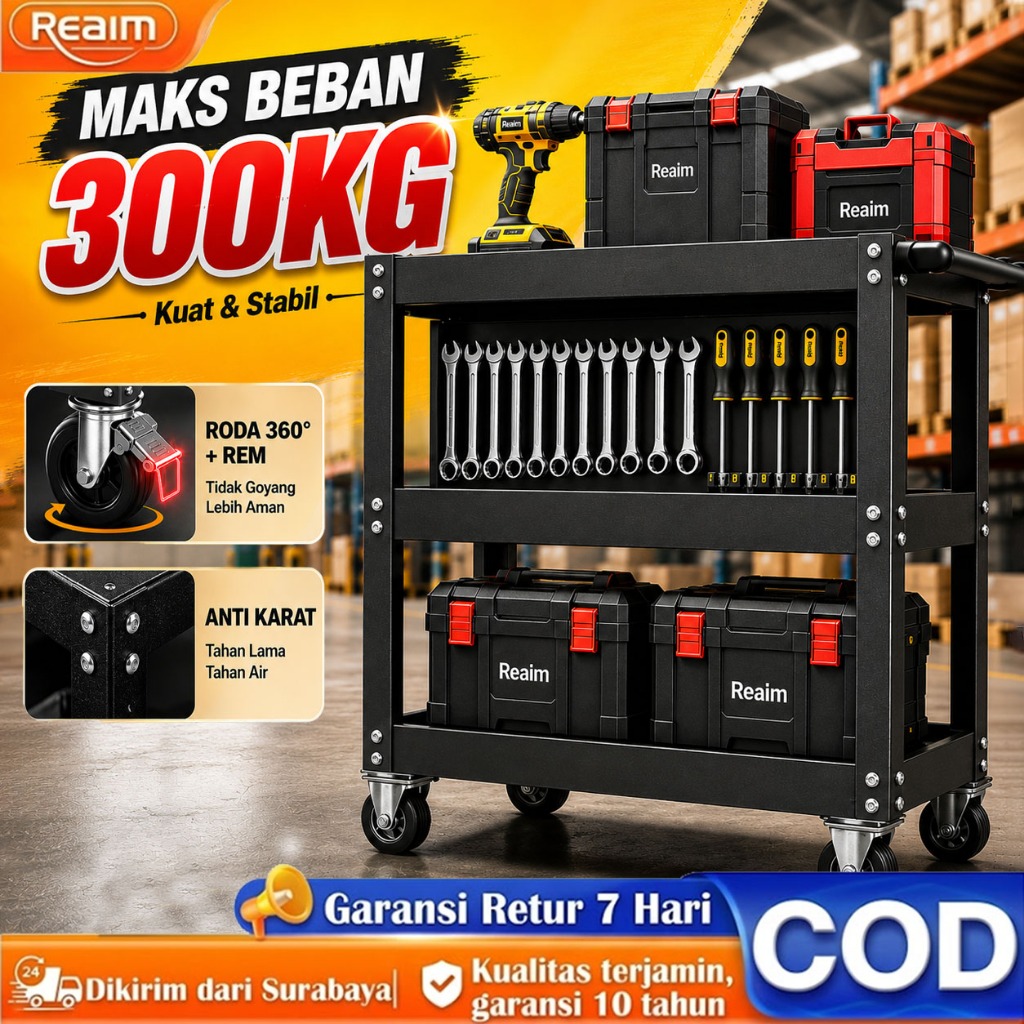 Jual Reaim Troli Bengkel 3 Susun Tool Cart 300KG Kuat Roda Halus Rak ...