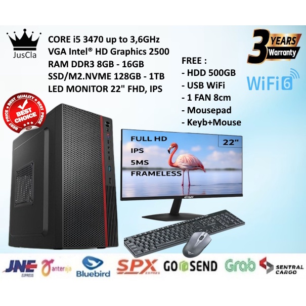 FULLSET PC Komputer INTEL CORE i5-3470 3,6GHz|RAM 16GB|SSD NVME 1TB|HDD 500GB|Monitor 22"|Keyboard+Mouse|WIFI-6