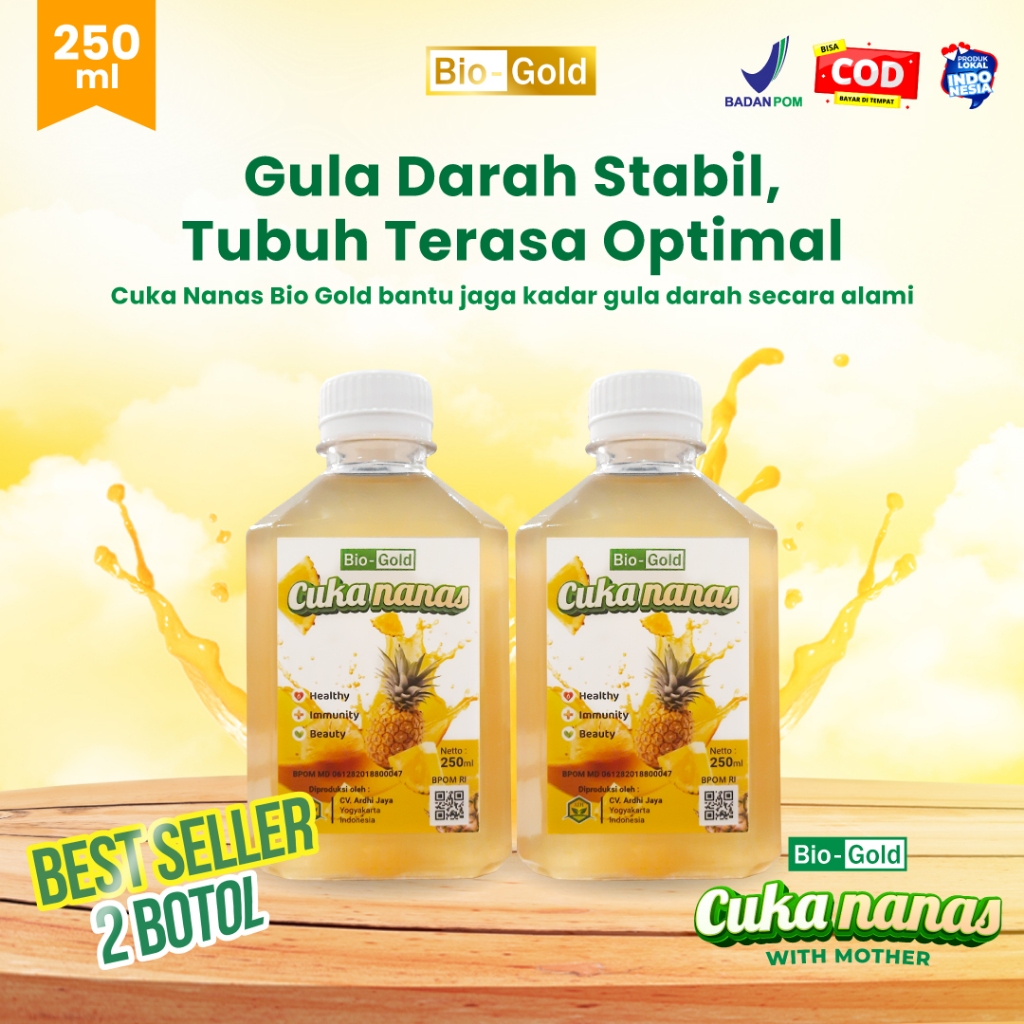 Bio Gold - Paket 2 Botol Cuka Nanas 250 ml BPOM 100% Fermentasi Alami Turunkan Gula Darah Diabetes