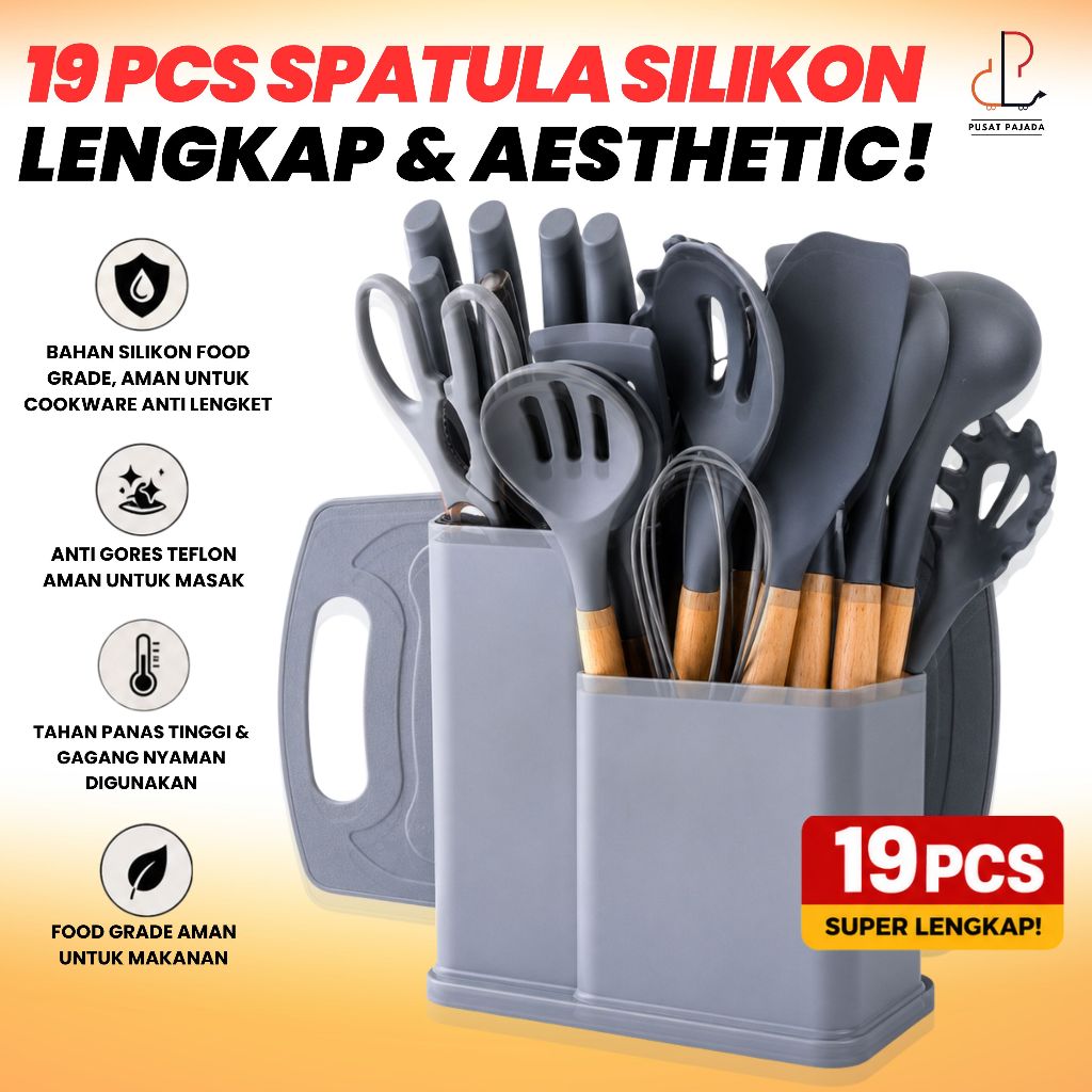 Spatula Silikon 19pcs Kitchen Set + Pisau Talenan Silicone FREE WADAH
