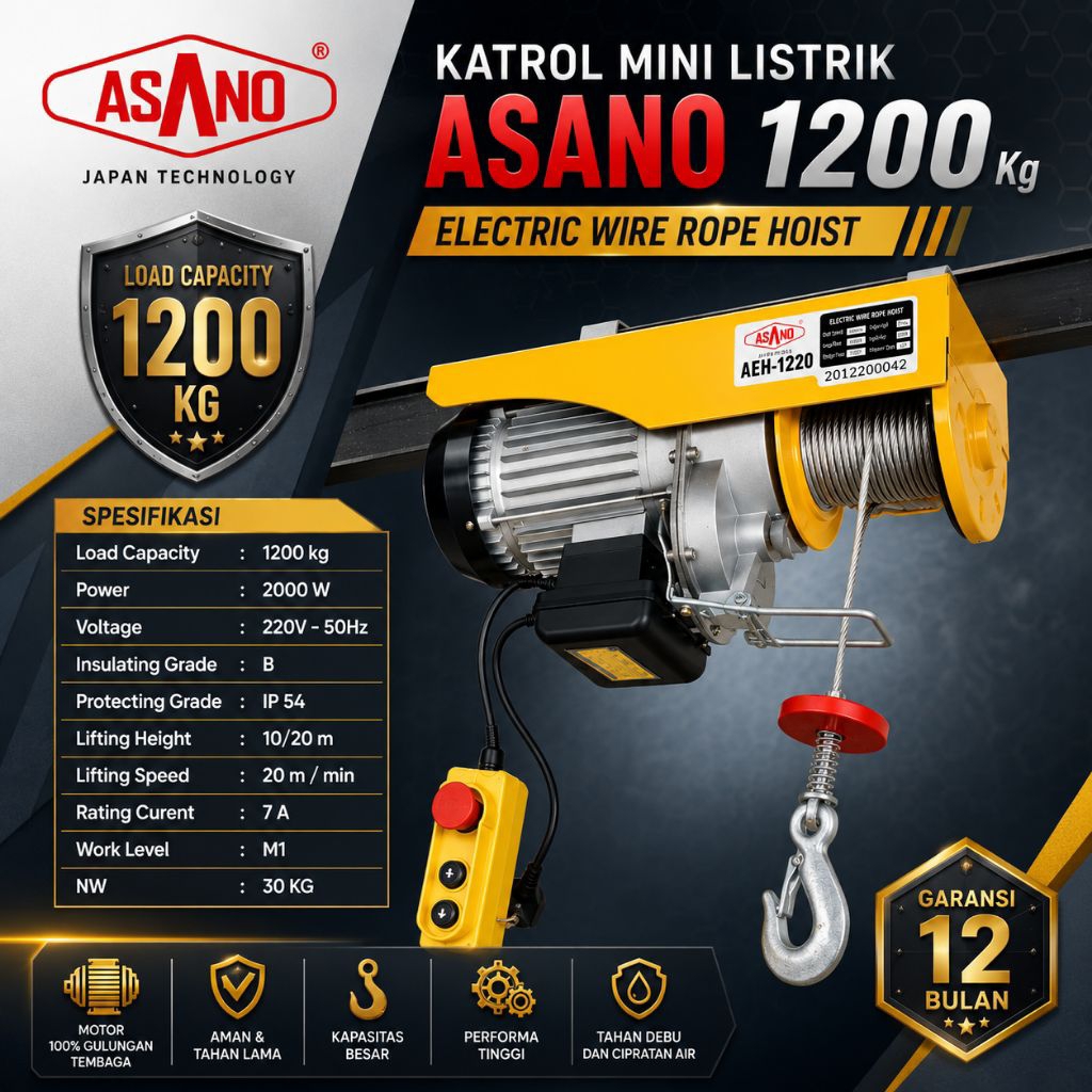 Jual Electric Hoist ASANO AEH1220 Katrol Mini Listrik 1200kg Wire Rope ...