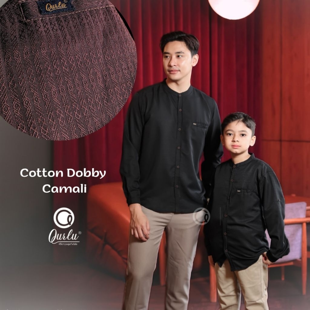 Qurlu - Kemeja Koko CAMALI DOBBY Dewasa/Anak Lengan PANJANG (baju couple ayah dan anak laki-laki) Baju Koko Pria