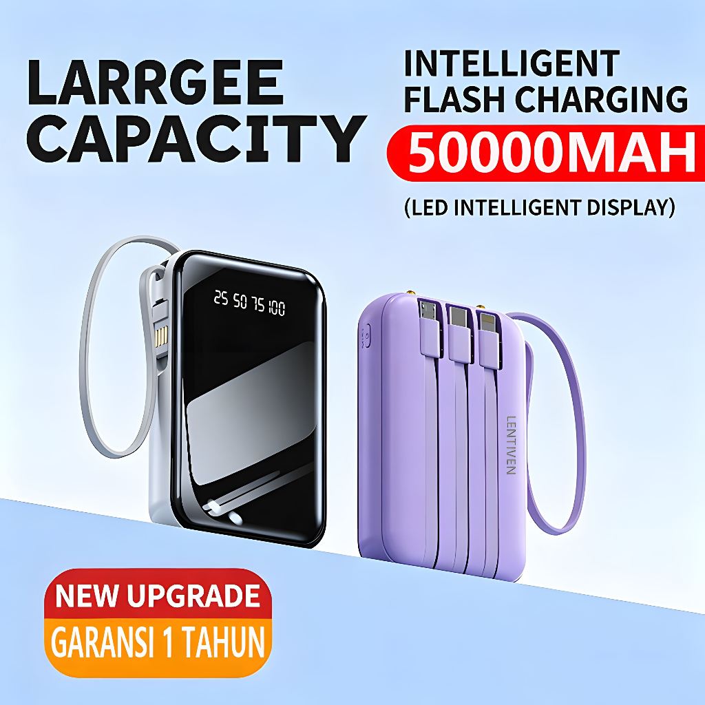 LENTIVEN Powerbank 50000 mAh Mini With 4 USB Cable Fast Charging Lightweight Universal Powerbank LED Display Garansi 1 Tahun DX279