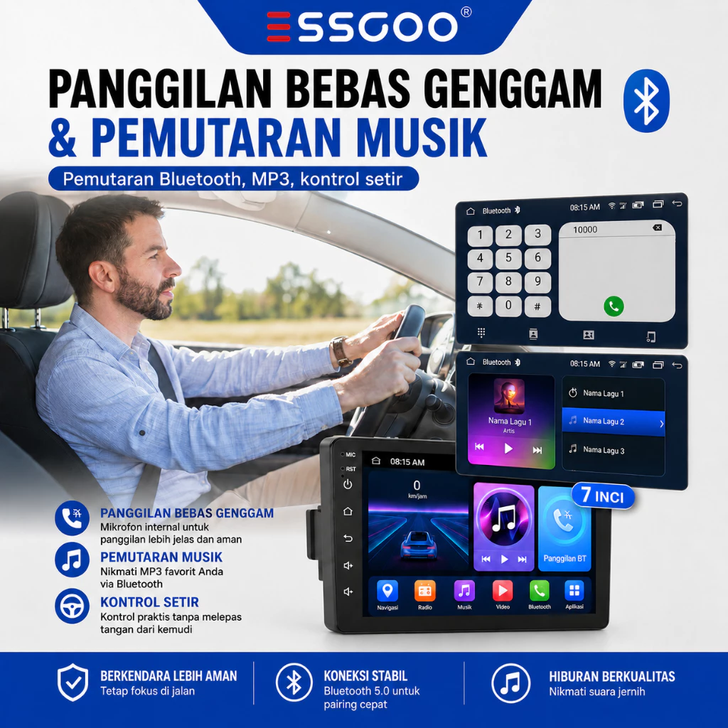 Koneksi Bluetooth dan hands-free di head unit ESSGOO untuk panggilan telepon