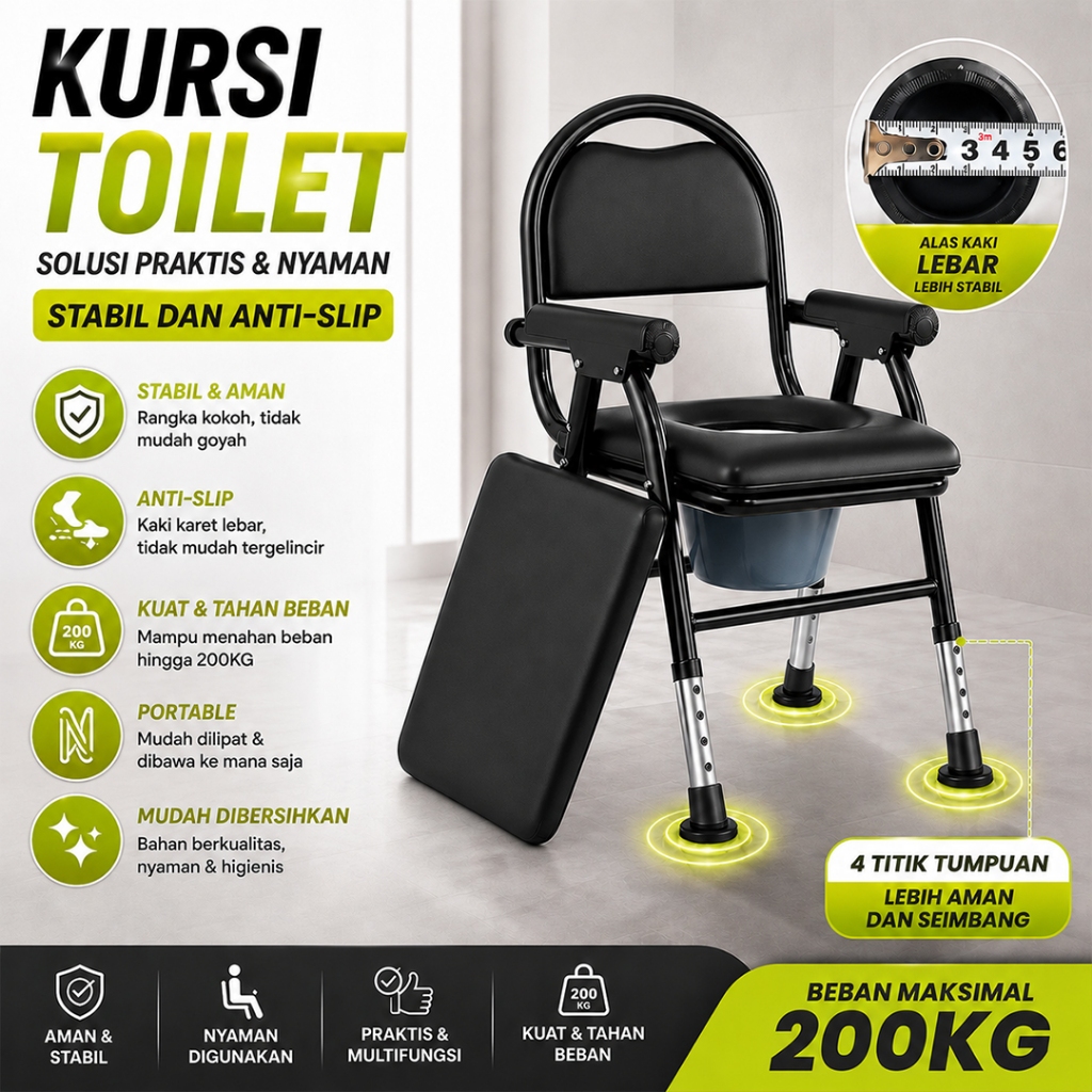 Kursi Toilet Lansia Lipat Portable Dudukan WC Dewasa Anti Slip Kuat 200KG