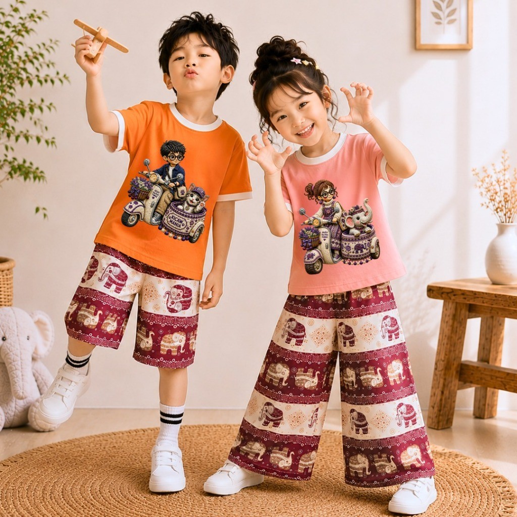 Najwa - JUAL SATUAN Setelan Anak Kamuel Cewek Cowok Motif Gajah Lucu Kekinian Terlaris / Fashion Oneset Baju  DTF Lengan Pendek, Celana Kulot Panjang dan Celana Pendek Terbaru