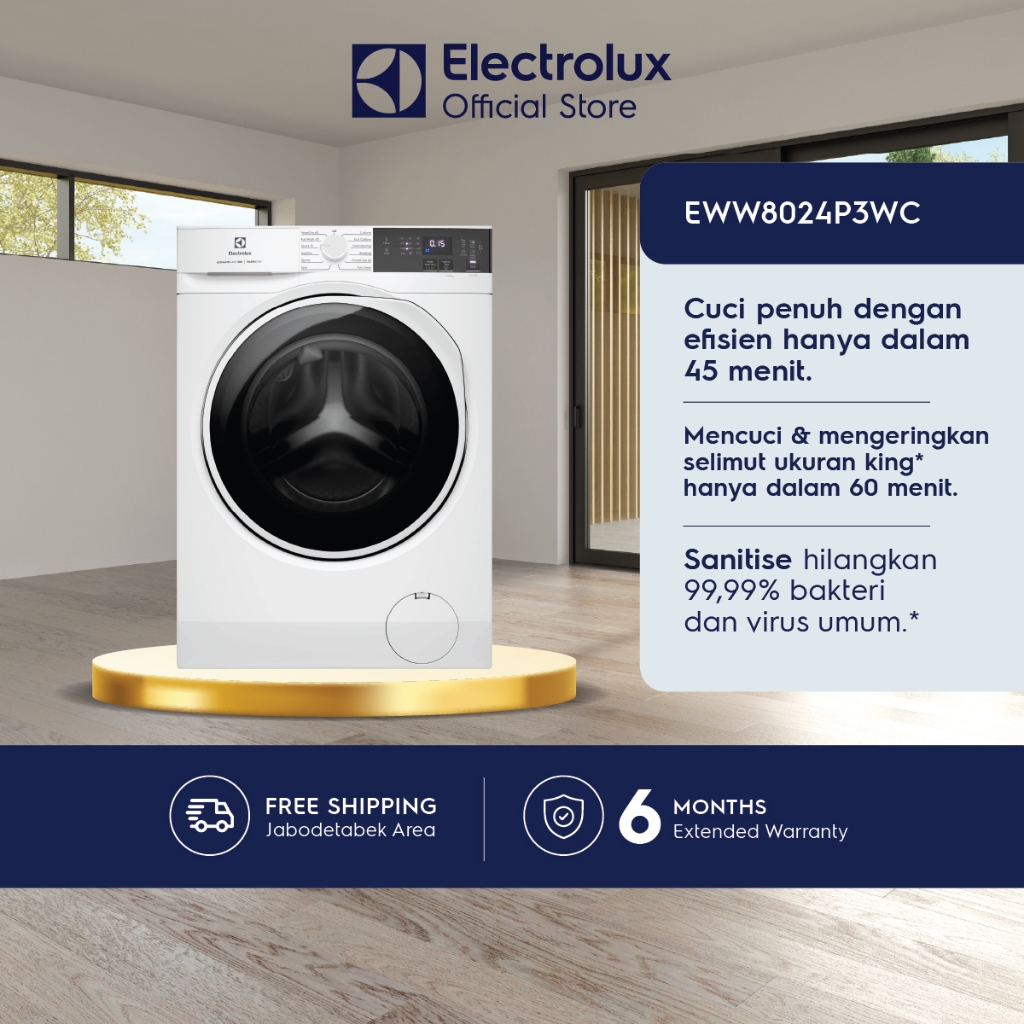 Electrolux Mesin Cuci Pengering Front Loading  8/5kg - Inverter - Full Kapasitas Cuci 45 Menit - Dryer - Perawatan Khusus Untuk Pakaian Lembut - Garansi  10 Tahun Motor - EWW8024P3WC