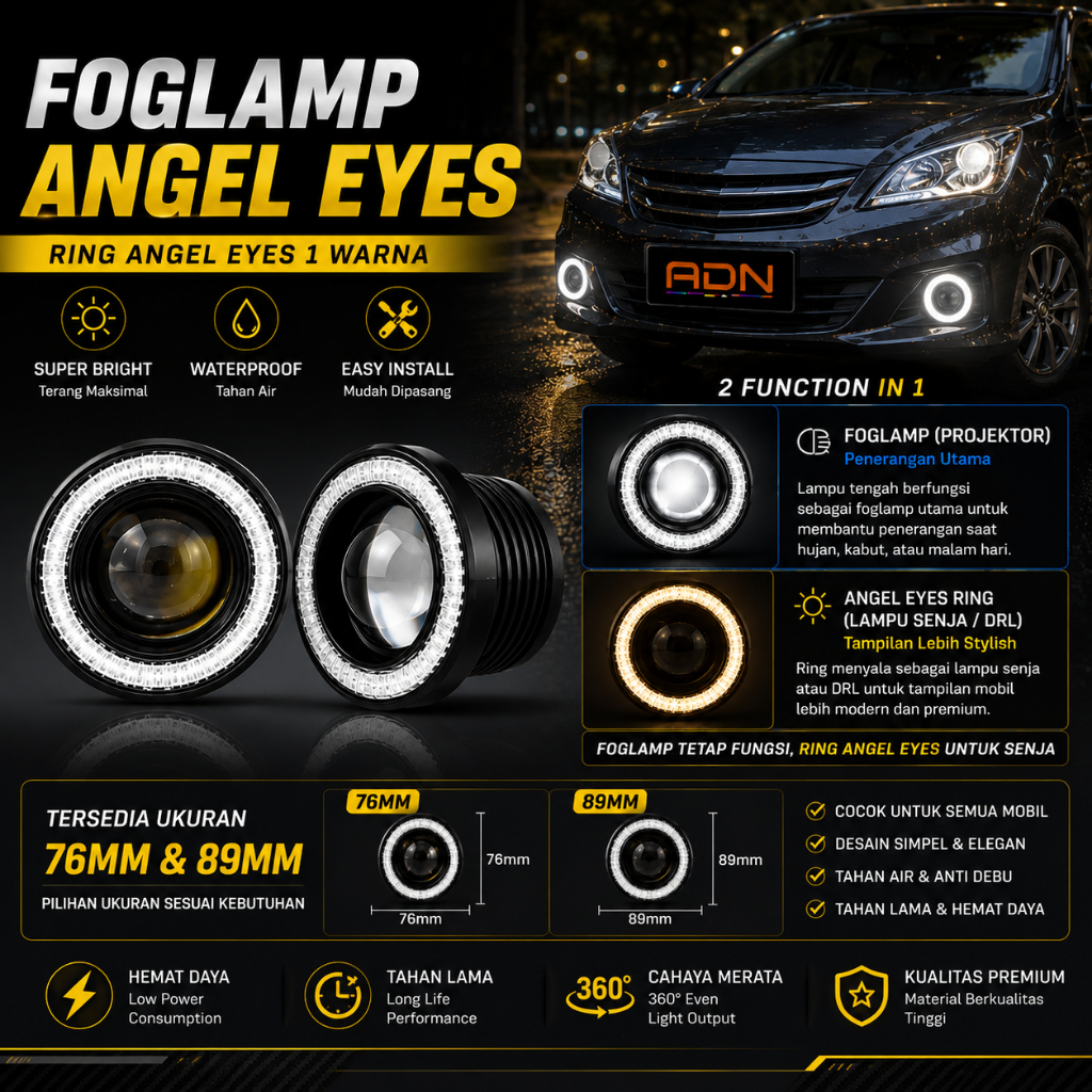 FOGLAMP ANGEL EYES 76mm 89mm tembus kabut LED SET ADN