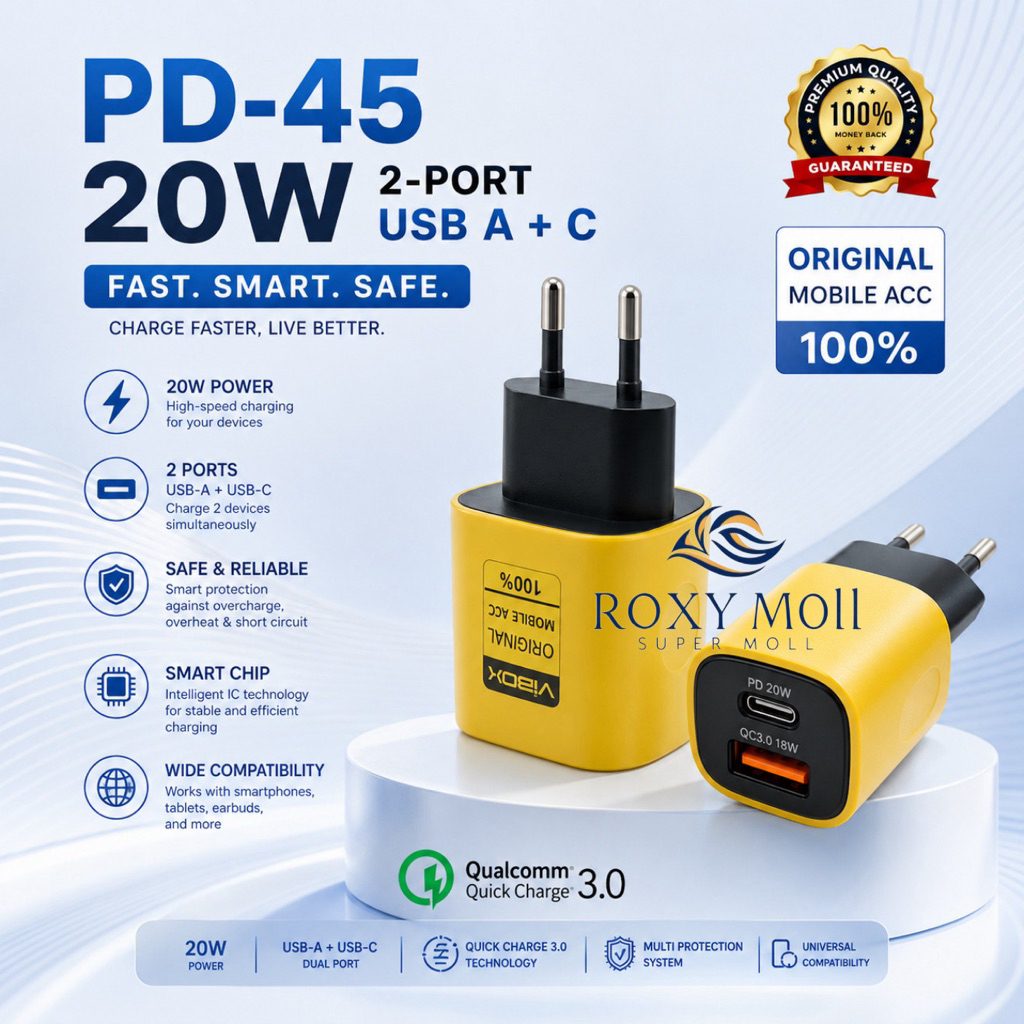 Jual Vibox Batok Charger Adaptor Fast Charging Pd-45 20w 2 Port USB A ...
