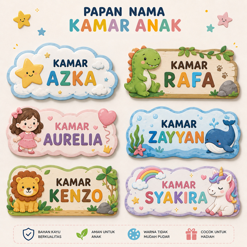 Hiasan Dinding Nama Anak Walldecor Papan Nama Anak Islami Custom Gantungan Pintu dekorasi kamar anak