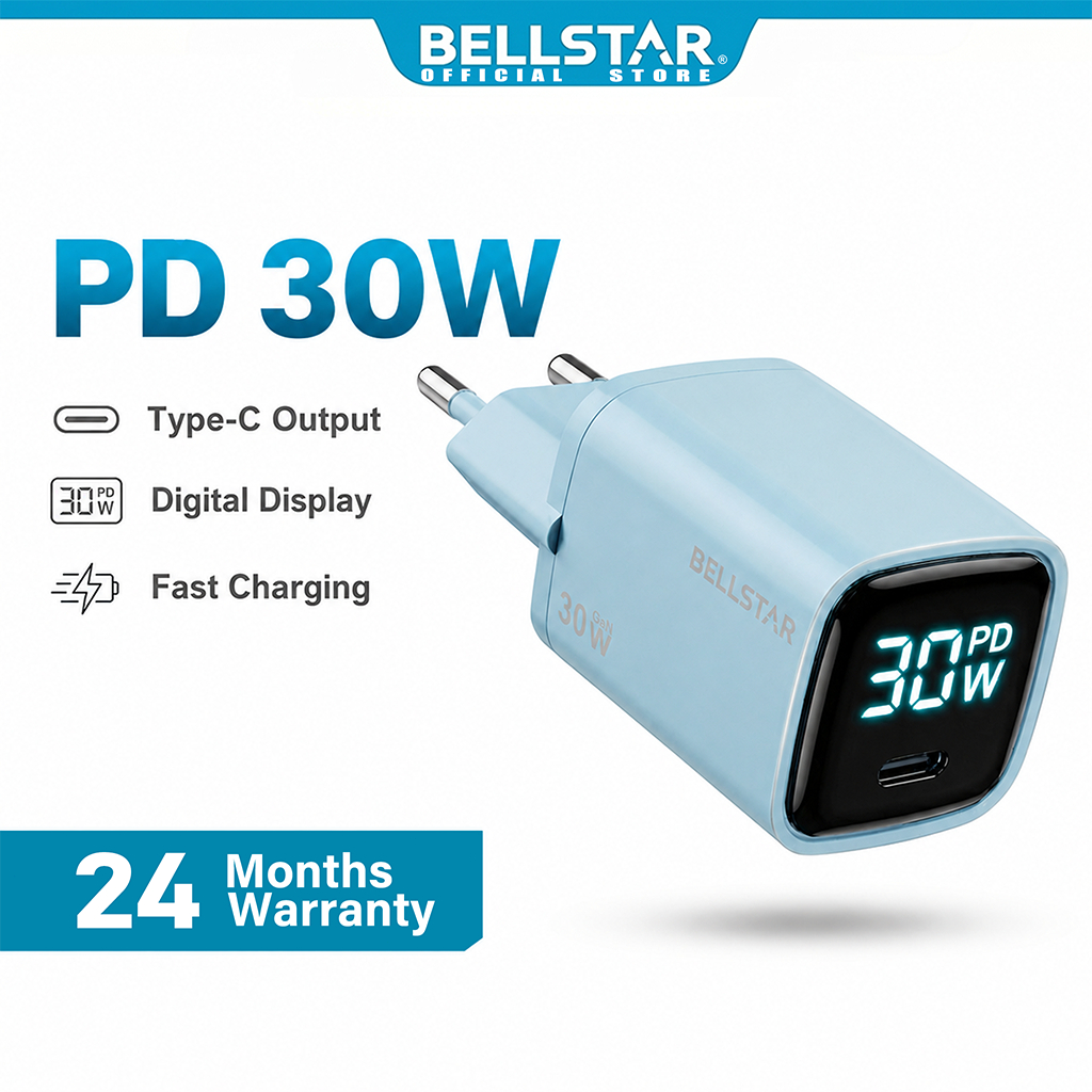 BELLSTAR Adaptor Charger Type C Fast Charging PD 30W Biru Charger iPhone for iPhone 15 Samsung infinix xiaomi redmi Electroplating digital display Kepala Charger USB C GaN Layar Digital Casan HP Android Tablet Powerbank Pengisi Daya Cepat EU Plug Portabel
