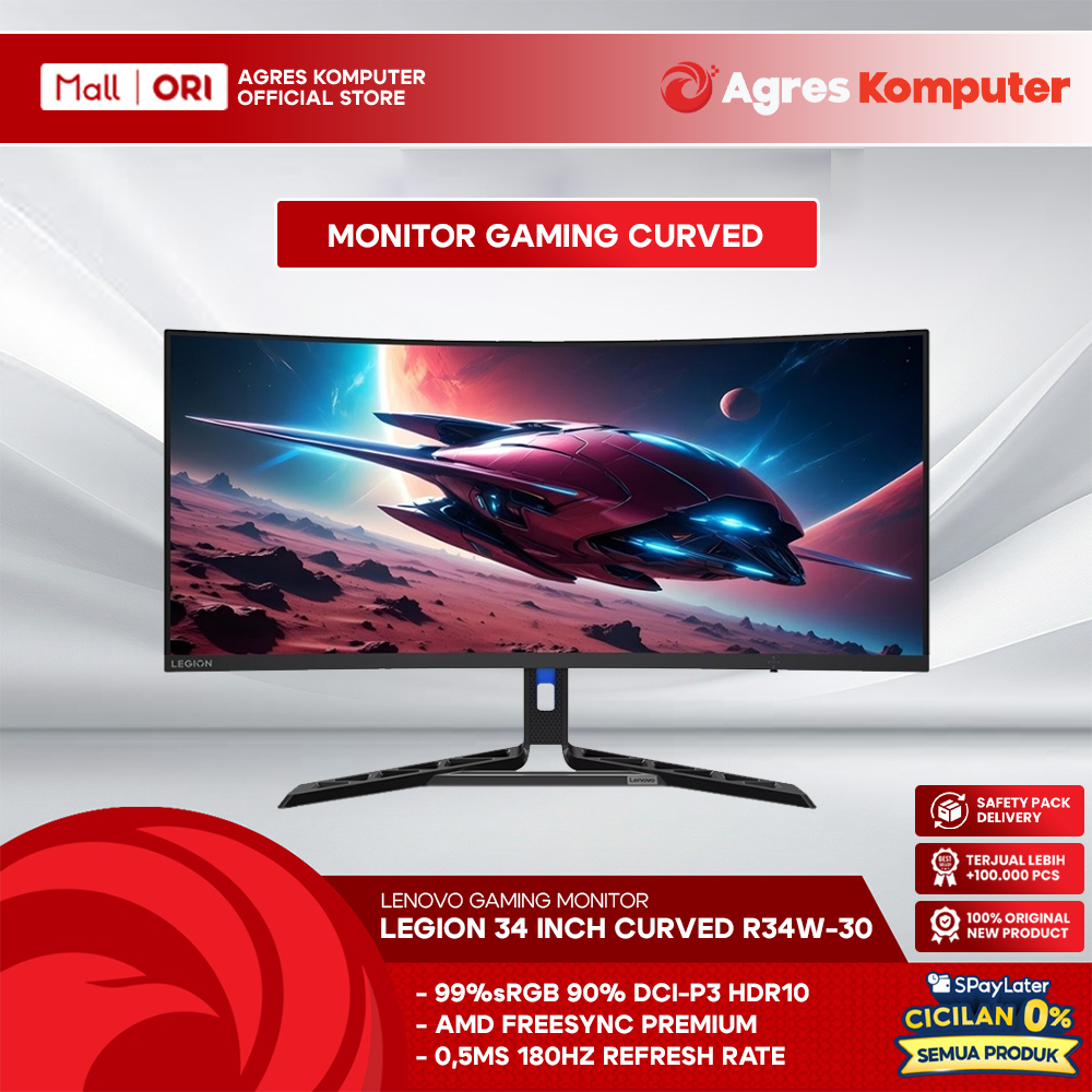 LENOVO LEGION GAMING MONITOR CURVED 34 INCH R34W-30 VA 1500R WQHD 2K 1440P 0.5MS 180HZ SWIVEL HEIGHT SPEAKER 3Y