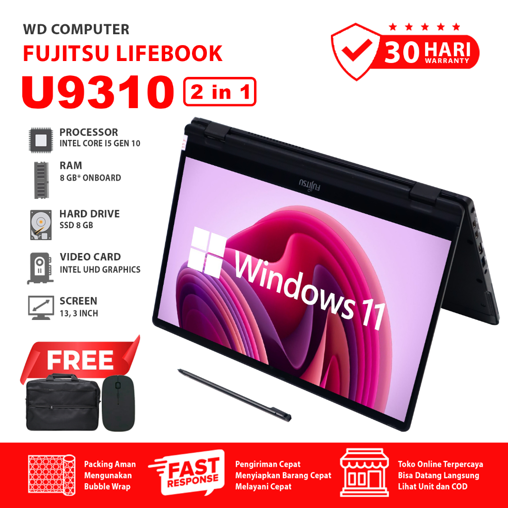Fujitsu U9310 2 in 1 Touchscreen Core I7 Gen 10 Ram 16 Gb Ssd 1 TB I Stylus Pen I Mouse Dan Tas