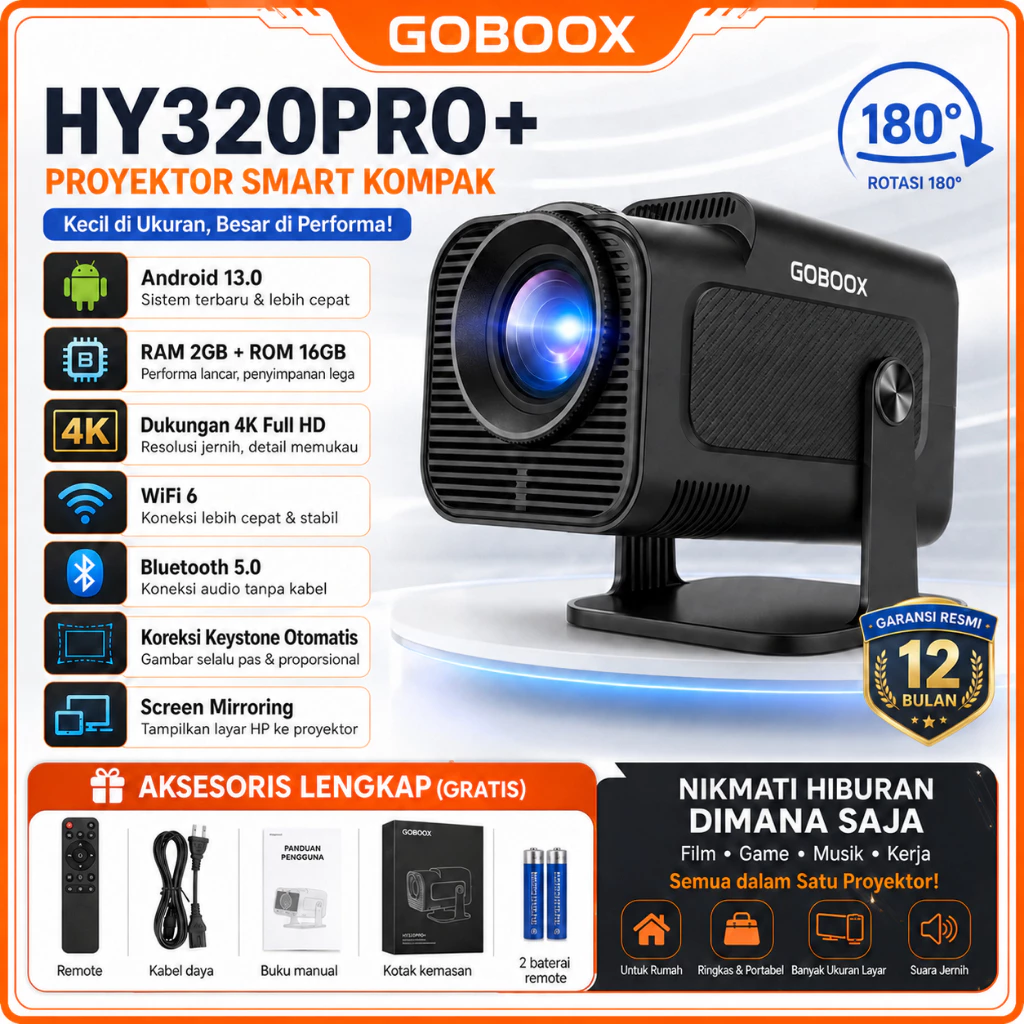GOBOOX HY320PRO+ Smart Proyektor 4K Full HD dengan remote control dan kemasan