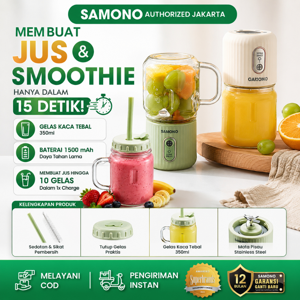 Jual SAMONO Blender Portable Juice Gelas Kaca Tebal 350ml 6 Mata Pisau ...