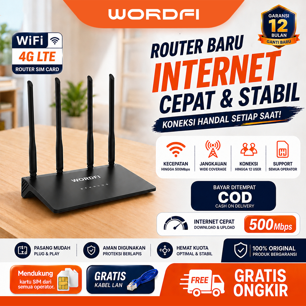 WORDFI Modem WiFi 4G LTE|Plug & Play Internet Kencang Seharian|Mendukung  XL, Telkomsel, dan lainnya