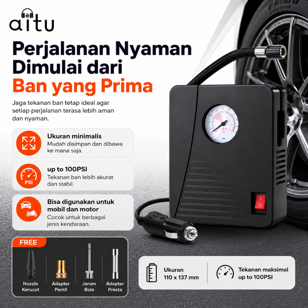 Jual Aitu Pompa Ban Mini Portable Otomatis Digital 100 PSI Air Pump ...