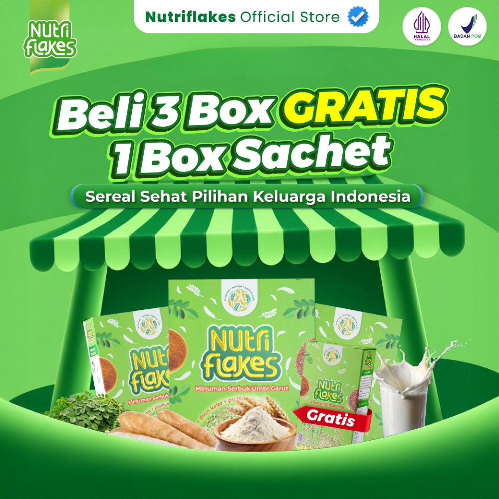 (3 Box FREE 1 Box Sachet) Nutriflakes Sereal Sehat Umbi Garut Atasi Asam Lambung Dengan Alami