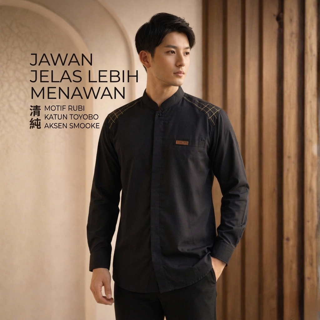 Baju Koko Katun Pria Lengan Panjang Motif Rubi Warna Hitam Nyaman Dipakai Sehari-Hari
