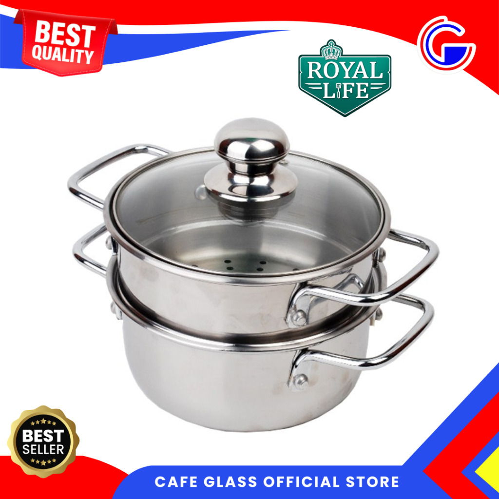 Panci Kukus Stainless Steel Royal Life 2 Susun Tutup Kaca - Steamer Kukusan Serbaguna Food Grade Anti Karat 16cm/24cm