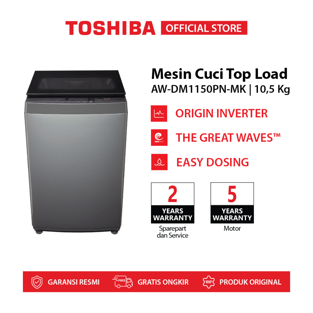 Toshiba Mesin Cuci 1 Tabung 10.5kg AW-DM1150PN-MK Inverter Otomatis I-Clean