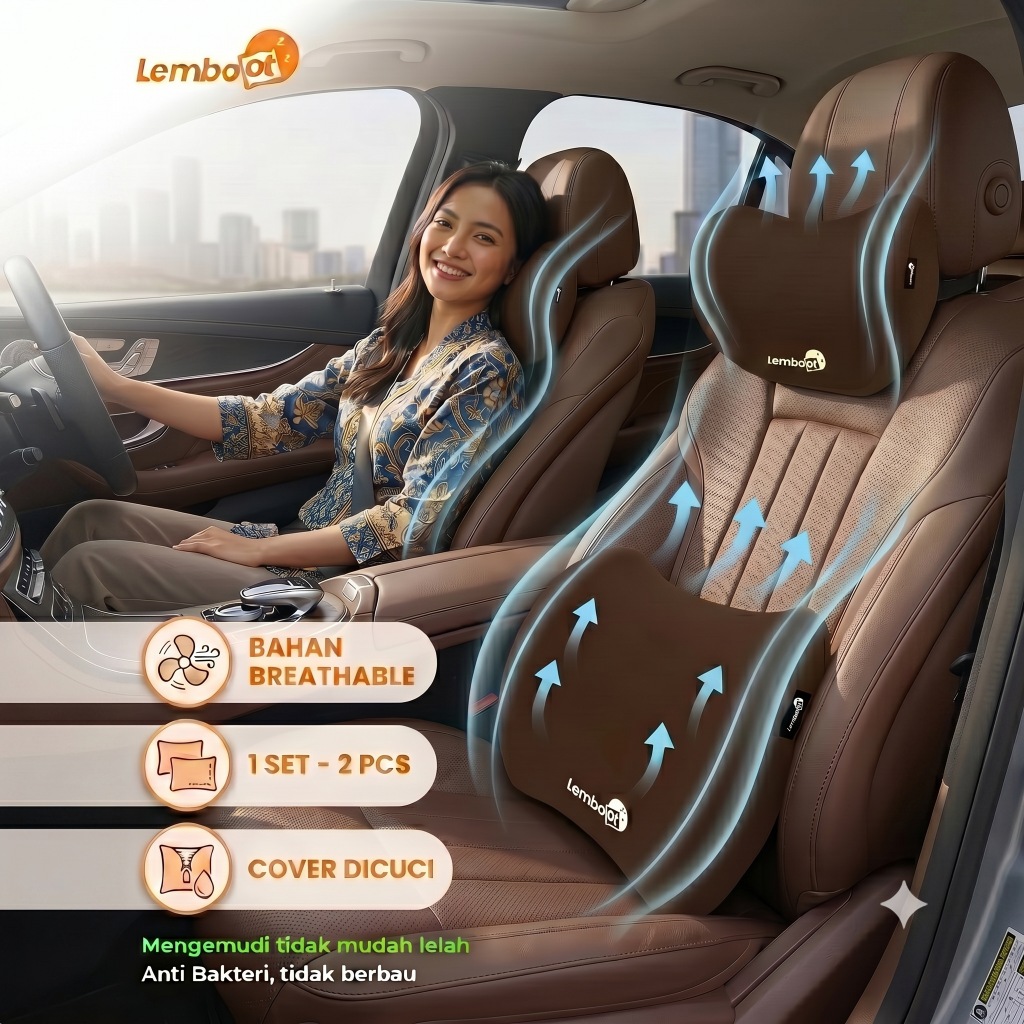 Lemboo Set Bantal Mobil Memory Foam Ergonomis Dukungan Leher Anti Gerah Sarung Bisa Dicuci Universal Aksesoris Kendaraan