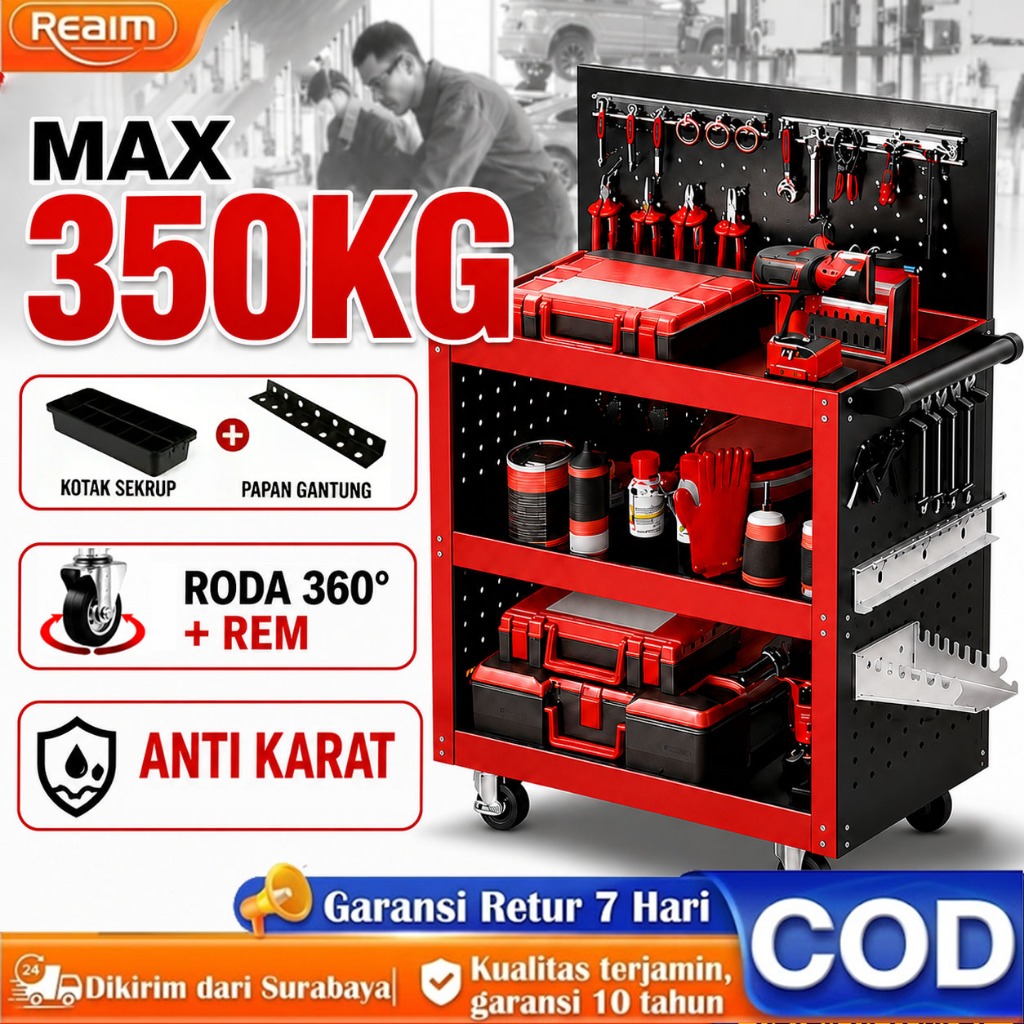 Jual [Ready Stock] Troli Bengkel Rak 3 Susun Tool Cart 350KG Anti Karat ...