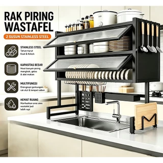 Rak Piring Wastafel Dengan 2 Susun Kabinet Rak Cuci Piring Stainless Steel Rak Dapur Multifungsi
