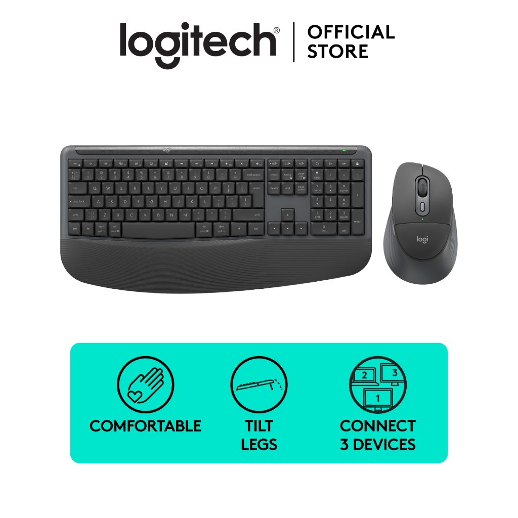 Logitech Signature Comfort Plus Combo MK880 Wireless Keyboard and Mouse Combo, Keyboard Nyaman Ukuran Penuh dengan Sandaran Telapak Tangan, Klik Senya