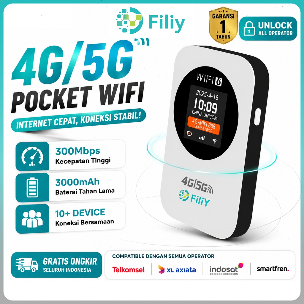Filiy MiFi Modem Portabel 4G/5G All Operator 300Mbps LTE Mini 3000mAh Umur Sangat Panjang Jangkauan 500 meter persegi Mobile