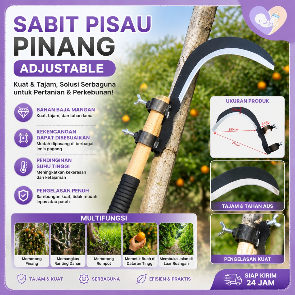 Sabit Pisau Pinang Adjustable Alat Pertanian Multifungsi /Memangkas Ranting Dahan, Memotong Rumput Air, Memetik Buah Dataran Tinggi
