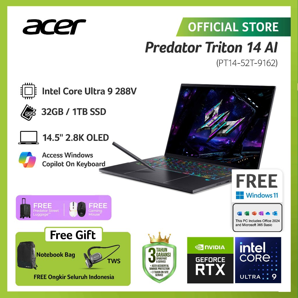 Jual (FREE KOPER, TWS & MOUSE) ACER LAPTOP GAMING PREDATOR TRITON 14 AI ...
