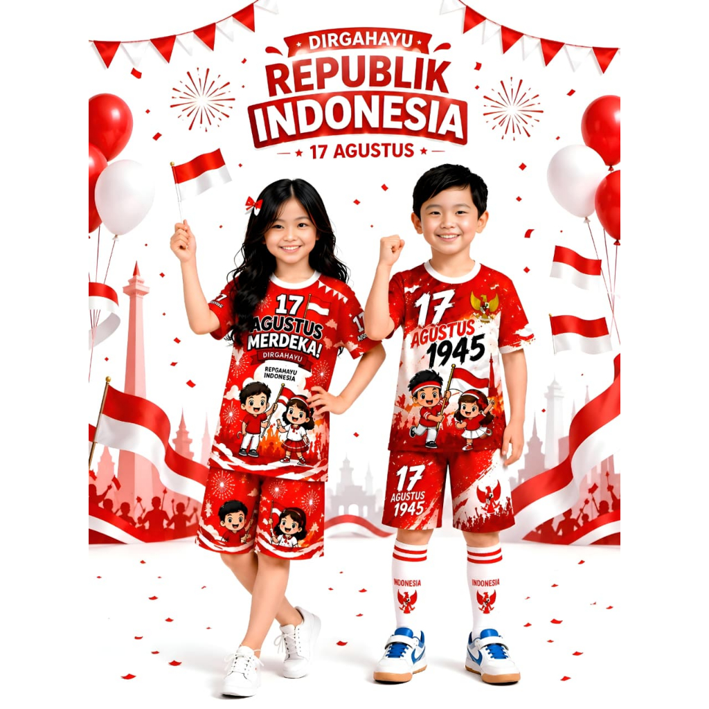 baju setelan unisex anak 17 agustus setelan anak motif fullprint printing bahan hyget premium untuk anak laki-laki dan perempuan
