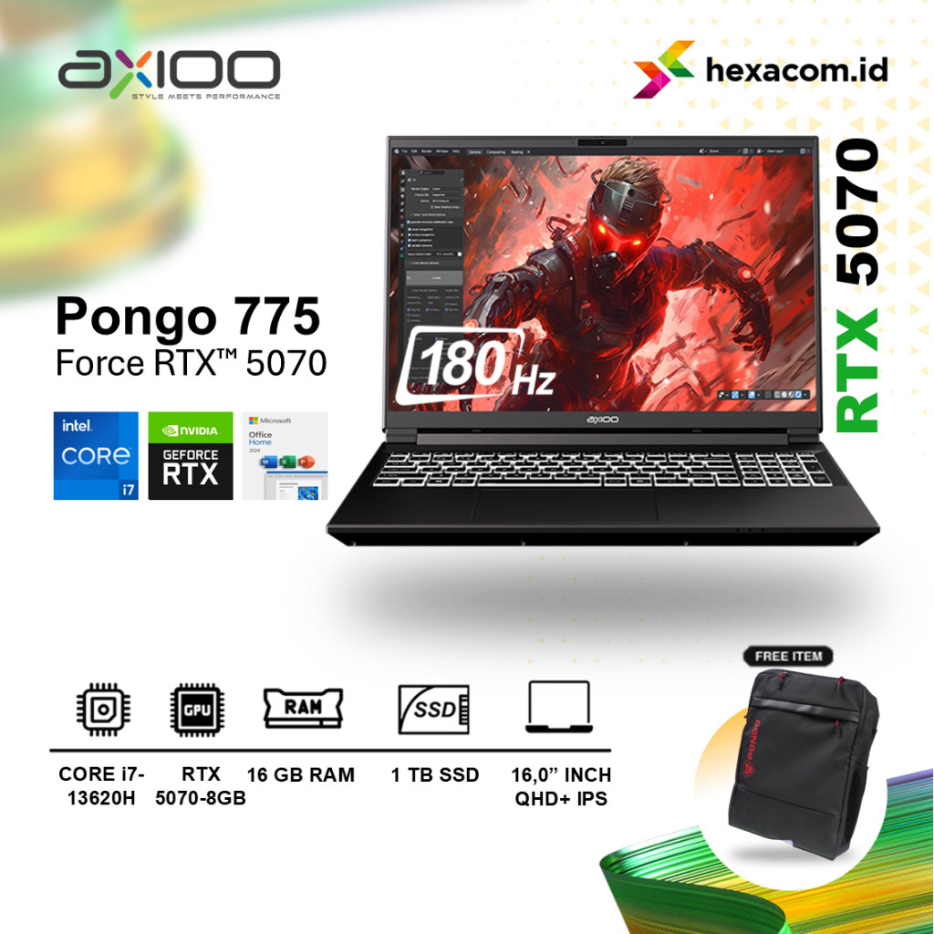 AXIOO Pongo 775 i7 13620H RTX™ 5070 16GB 1TB SSD 16.0" QHD+ 180Hz Windows 11
