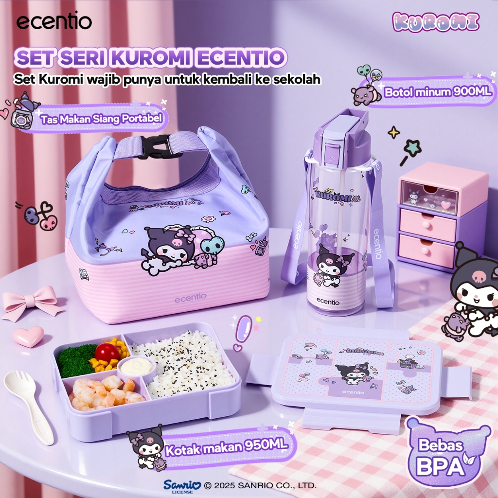[Back To School] ecentio Kotak Makan Anak Kuromi Set Bekal Sekolah Lunch Box 950ml Anti Tumpah Botol Minum 900ml Sedotan Tas Bekal Insulated Gratis Sendok Garpu BPA Free Food Grade PP