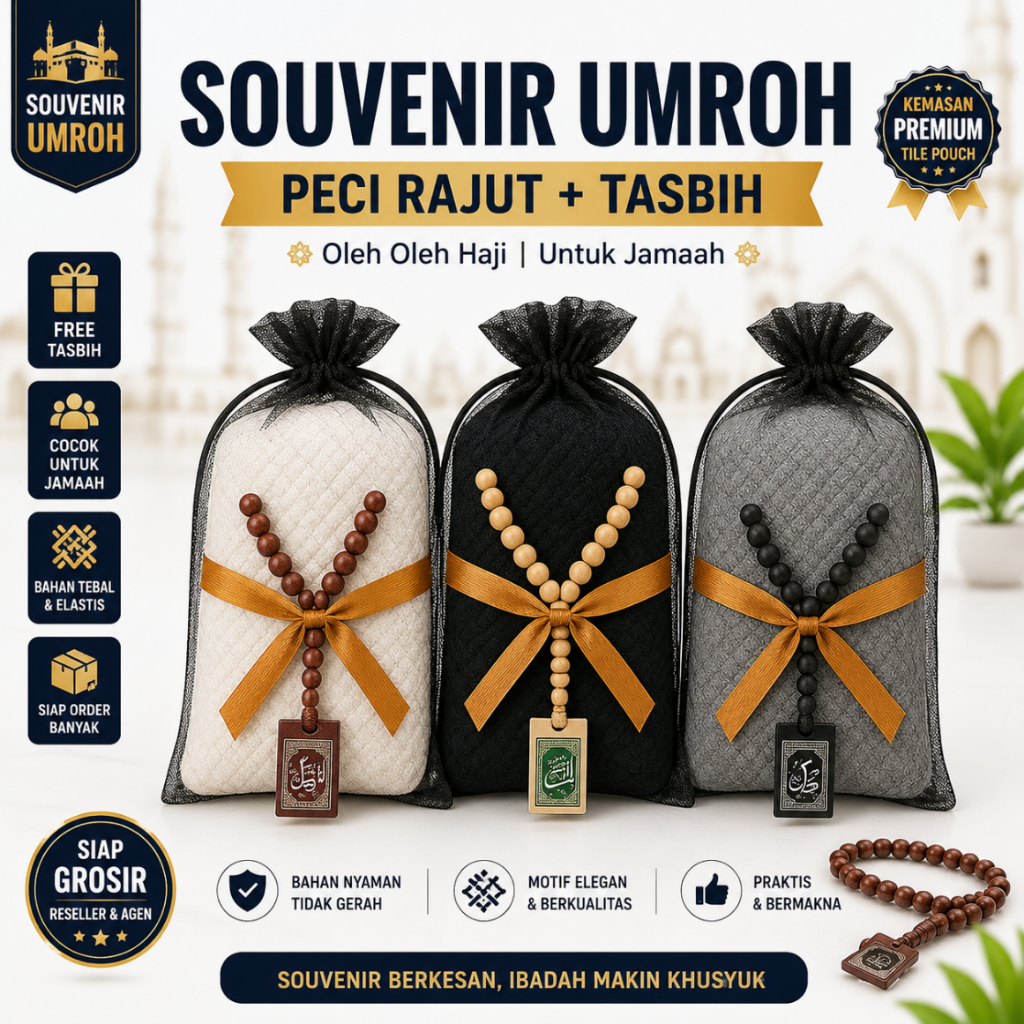Souvenir Umroh Peci Rajut Free Tasbih Tahlilan Oleh-oleh Haji Premium