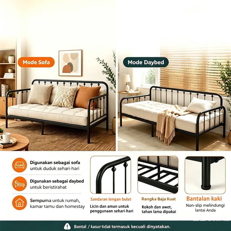 detail rangka besi sofa bed besi dengan finishing halus, menonjolkan kesan industrial minimalis