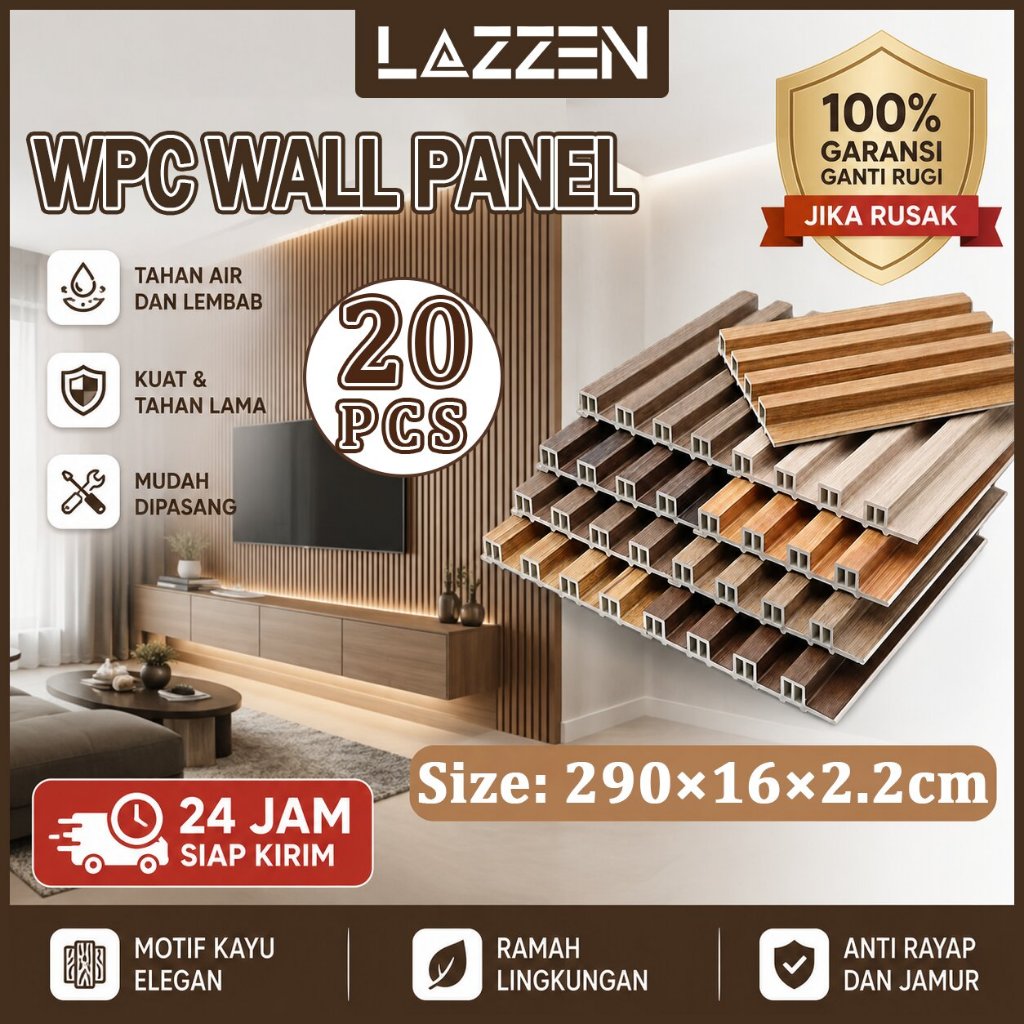 LAZZEN - 20pcs Wood panel Dinding WPC Kisi Kisi Kayu [2.9 meter x 16 cm] WPC Wall panel Dekorasi Dinding Anti Rayap Dan Anti Air WPC Aestetic Dinding Motif Kayu 3D WALL PANEL