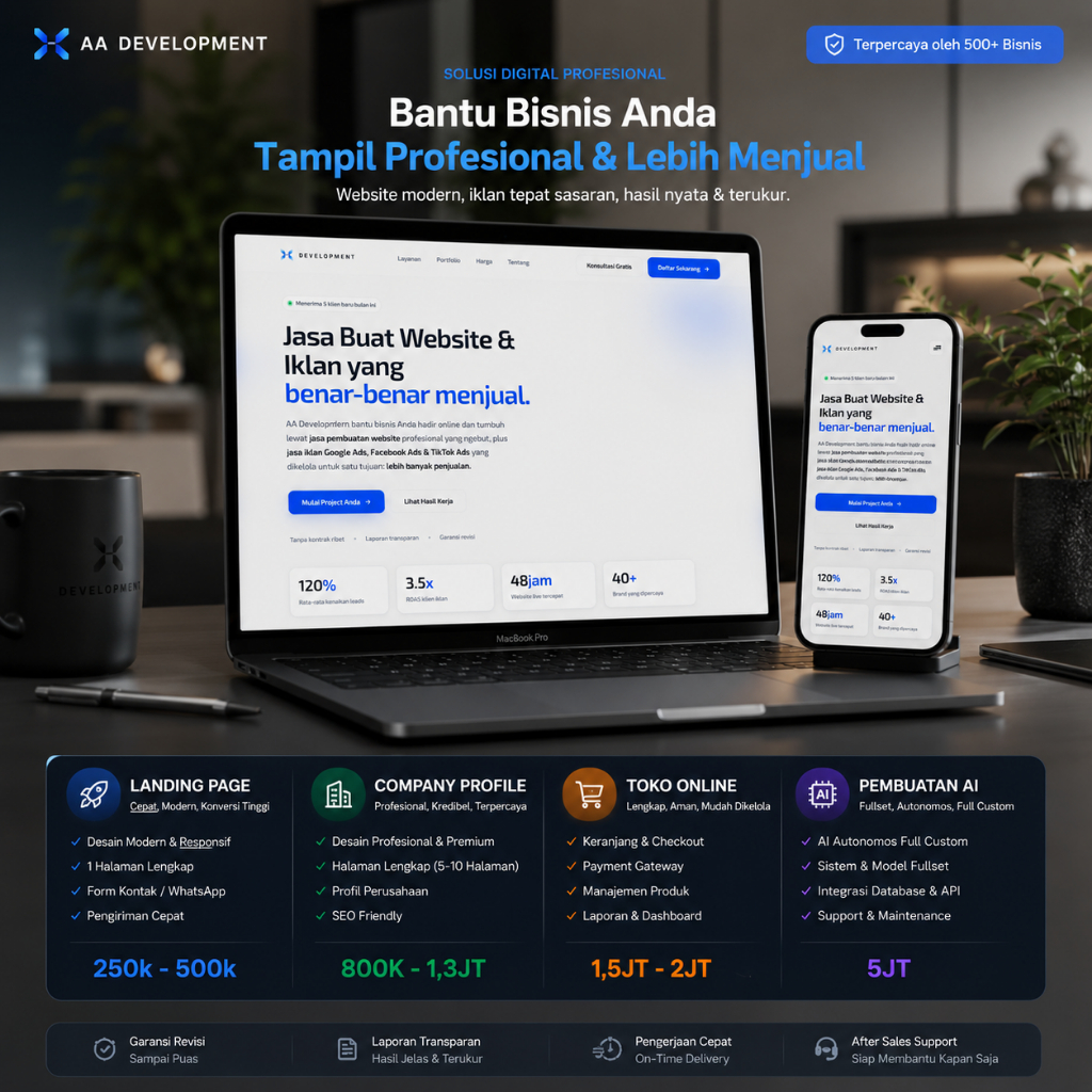 Jasa Pembuatan Website Profesional - Landing Page, Company Profile, Toko Online & Web AI | Desain Custom SEO Friendly Murah Garansi