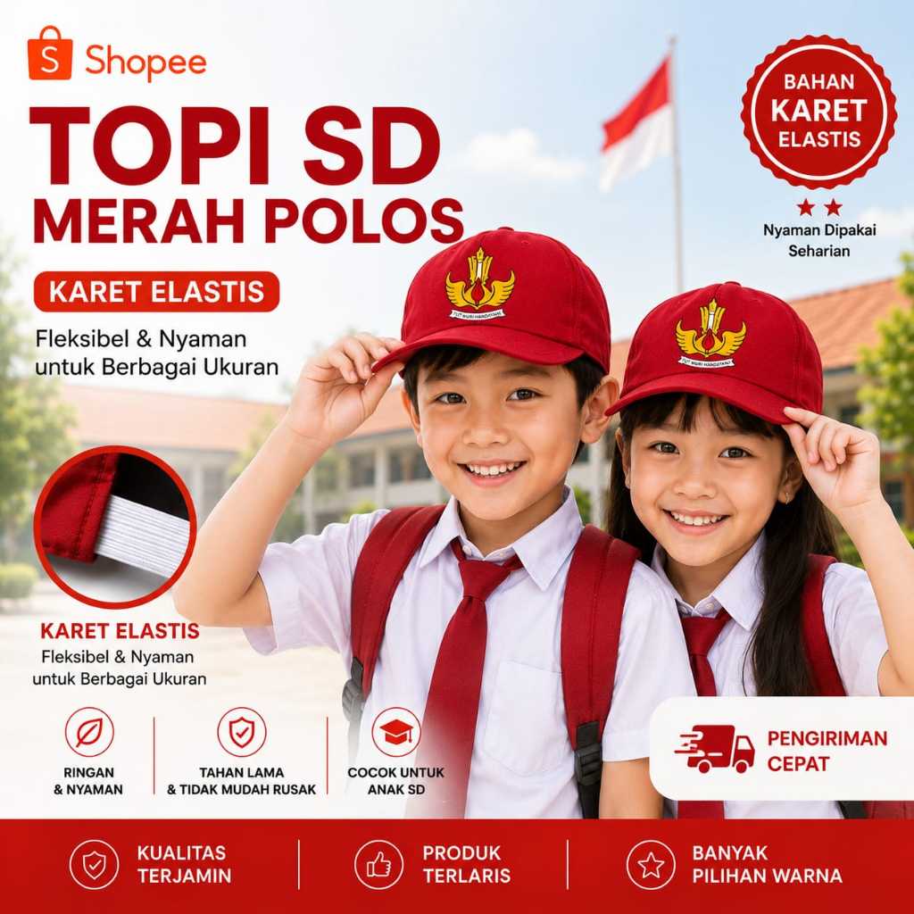 Jual TOPI SEKOLAH SD MERAH POLOS BORDIR KARET BAHAN SERAGAM MASTER ...